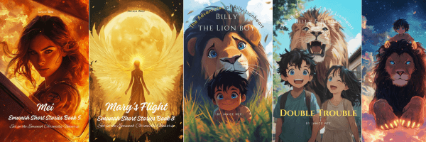 Collection of Janice Wee's fantasy book covers featuring Dragon Unbound, Billy Lionheart series, and Emunah Chronicles