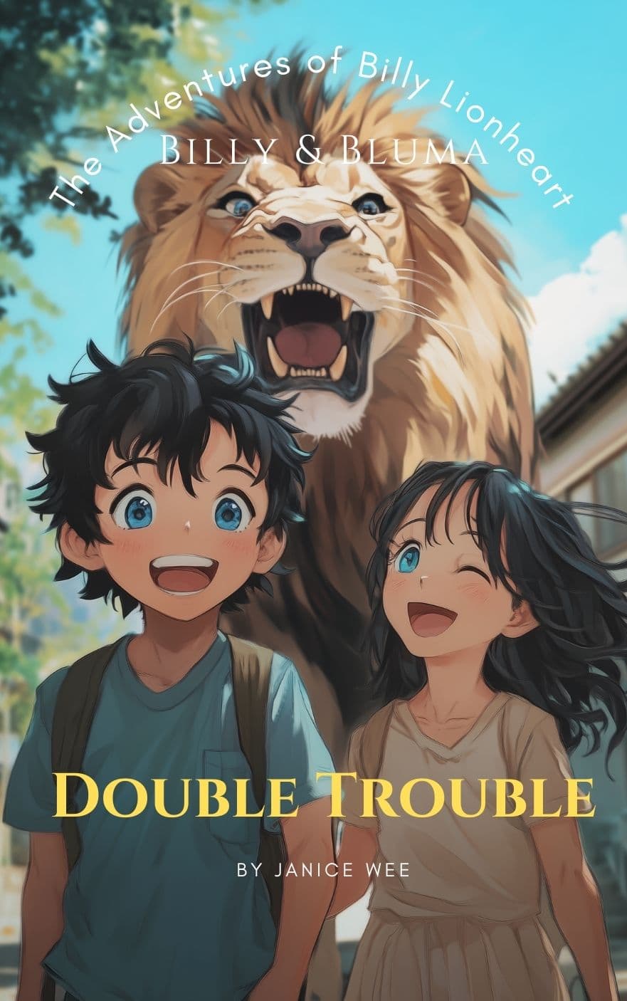 Billy & Bluma Double Trouble book cover - action adventure with childhood friends and talking lion
